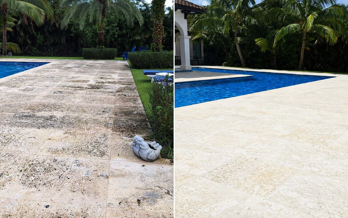 Coral pool deck before and after pressure washing in South Florida