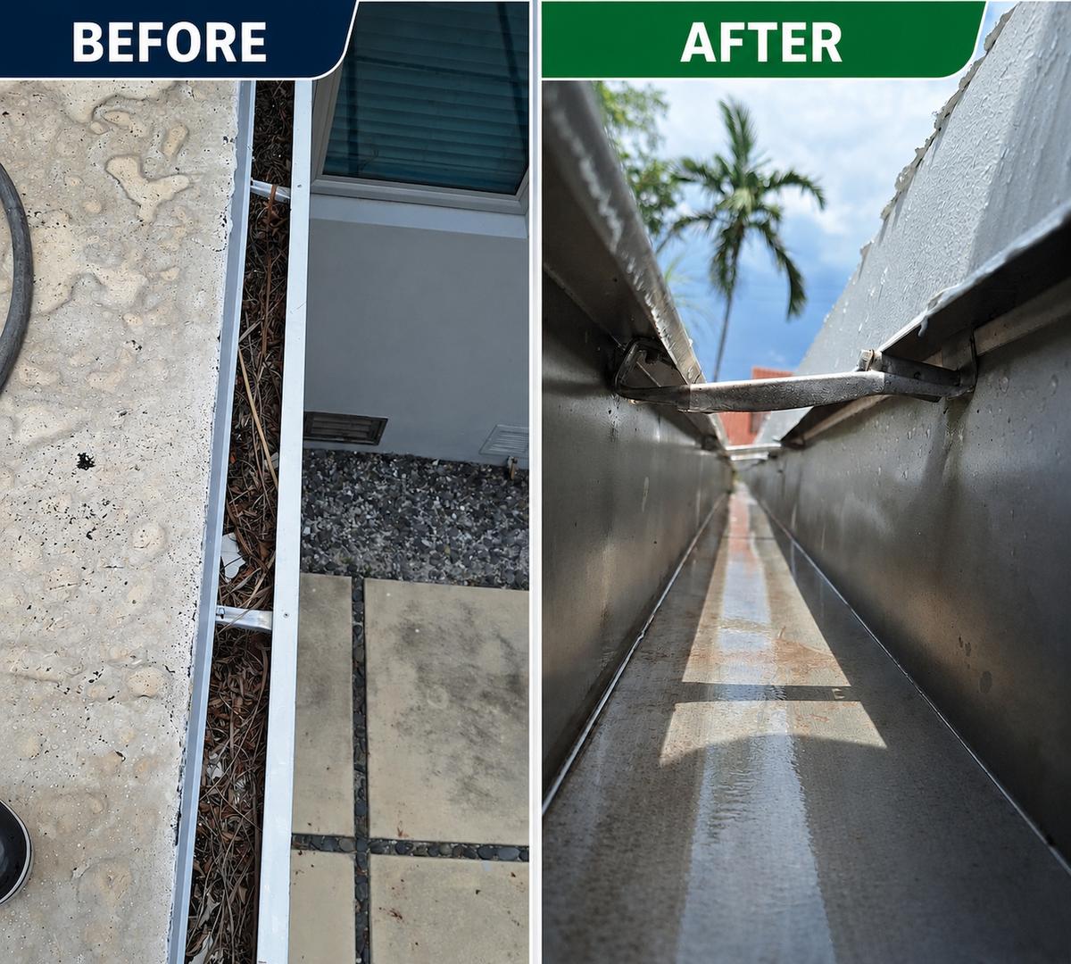 Gutter cleaning before and after South Florida