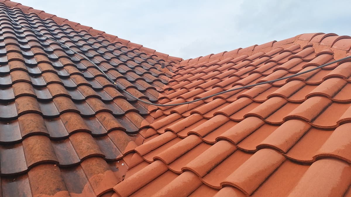 Before and after roof cleaning showing black algae streak removal on South Florida tile roof